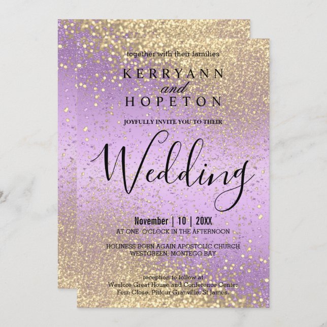 Lavender and Gold Glitter  Invitation (Front/Back)