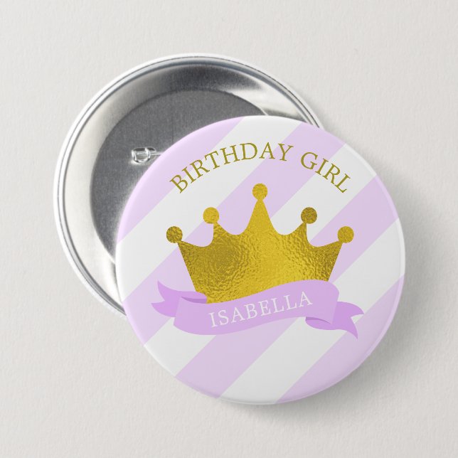 Lavender and Gold Tiara  "Birthday Girl" 7.5 Cm Round Badge (Front & Back)