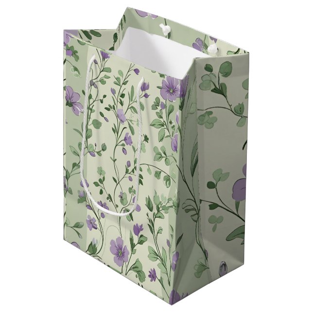 Lavender and Green Botanical Design Medium Gift Bag (Front Angled)