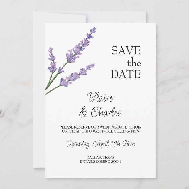 Lavender and Green Floral Save The Date Card (Front)