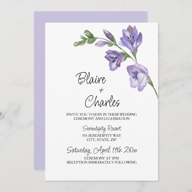 Lavender and Green Floral Wedding Invitation (Front/Back)
