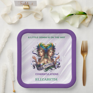 Lavender and Green Gemini Zodiac Baby Shower Paper Plate