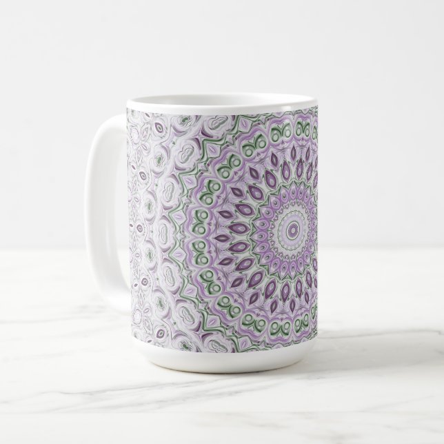 Lavender and Green Mandala Pattern Design Coffee Mug (Front Left)