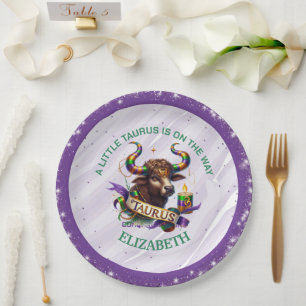 Lavender and Green Taurus Zodiac Baby Shower Paper Plate