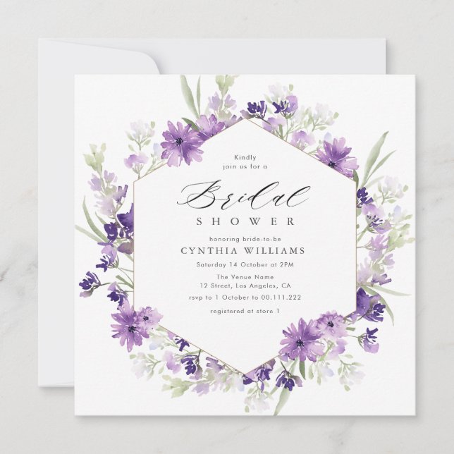 lavender and greenery floral bridal shower invitation (Front)