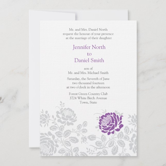 Lavender And Grey Damask Wedding Invitations (Front)