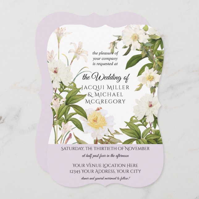 Lavender and Ivory Rose w Leaf Foliage Wedding Invitation (Front/Back)