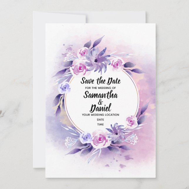 Lavender and Light Purple Rose Watercolor Save The Date (Front)