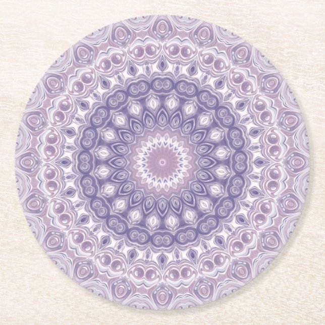 Lavender and Lilac Mandala Pattern Round Paper Coaster (Front)