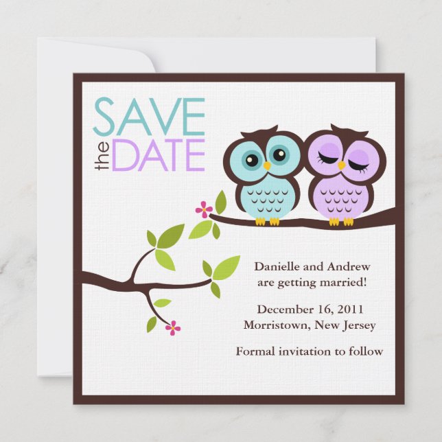Lavender and Mint Owls Wedding Save The Date (Front)