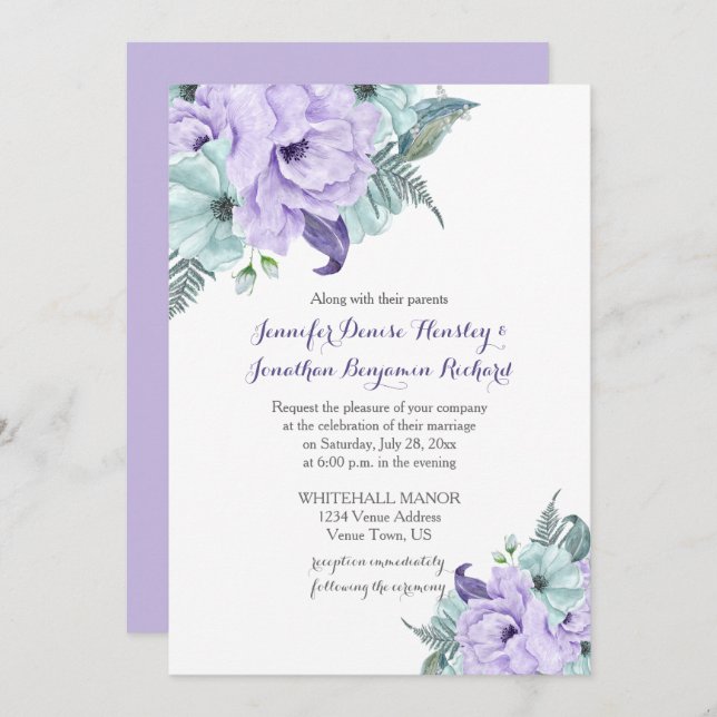 Lavender and Mint Watercolor Peonies Wedding Invitation (Front/Back)