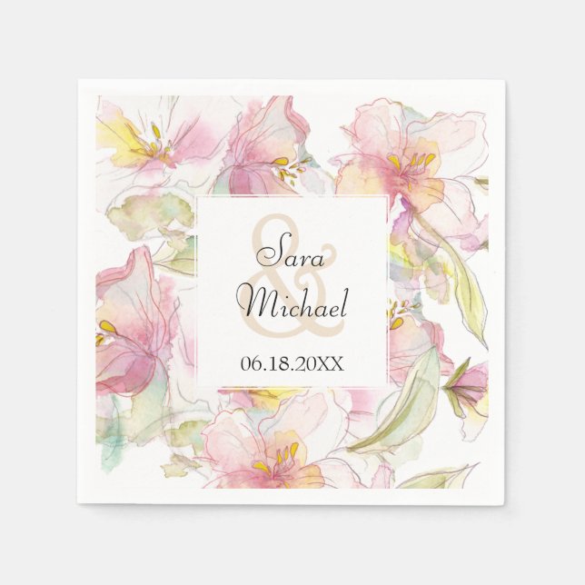 Lavender and Pink Pastel Watercolor Floral Wedding Napkin (Front)