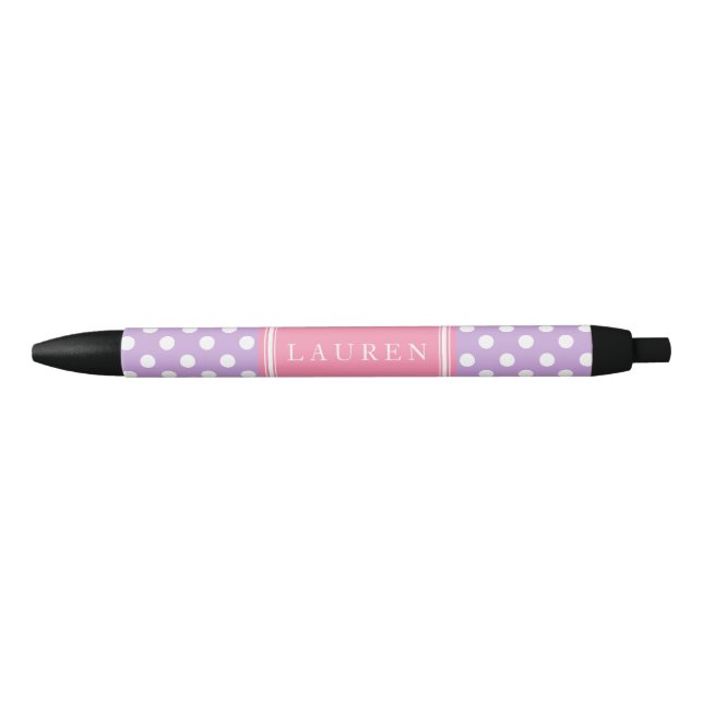 Lavender and Pink Polka Dots Pattern Black Ink Pen (Front)