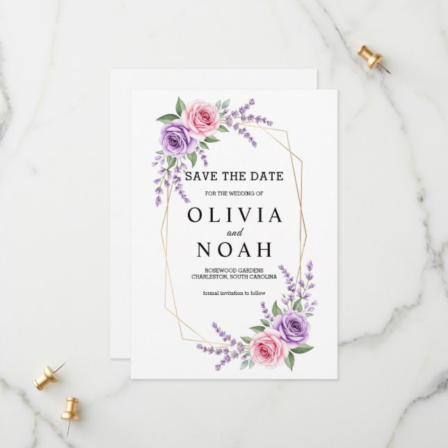 Lavender and Pink Rose Geometric Save the Date  (Front/Back In Situ)