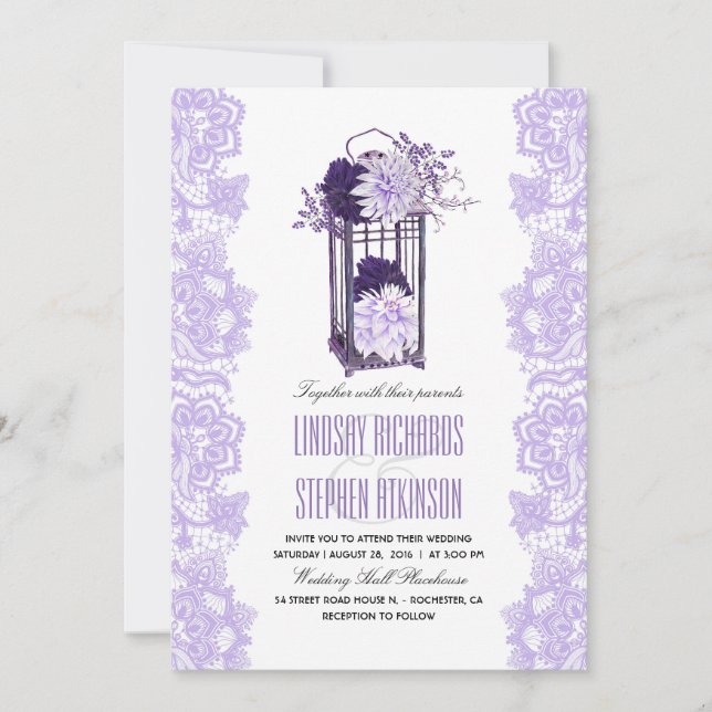Lavender and Purple Flowers Lantern Wedding Invitation (Front)