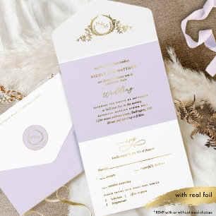 Lavender and Real Gold Foil Monogram Wedding All In One Invitation