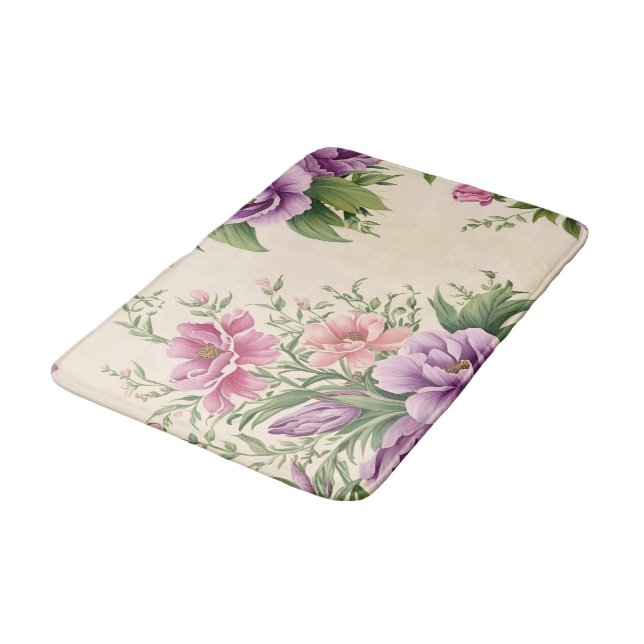 Lavender And Rose Country Garden Floral Print Bath Mat (Angled)