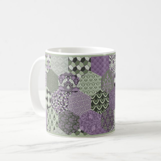 Lavender and Sage Patchwork Coffee Mug (Front Left)