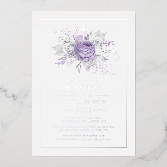 Lavender and Silver Floral Baptism Foil Invitation (Front)