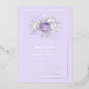 Lavender and Silver Floral Baptism Foil Invitation