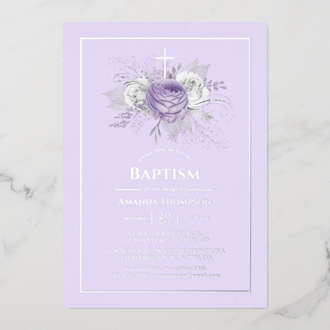 Lavender and Silver Floral Baptism Foil Invitation (Front)