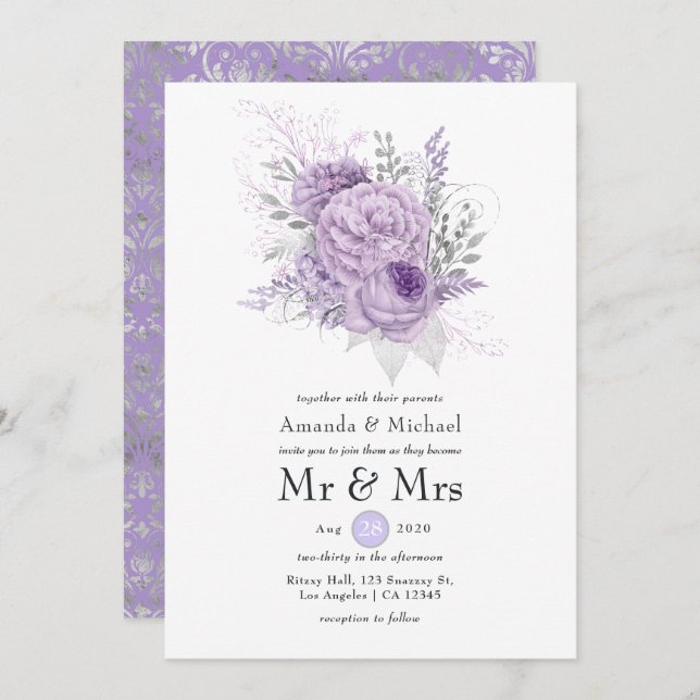 Lavender and Silver Floral Wedding Invitation (Front/Back)