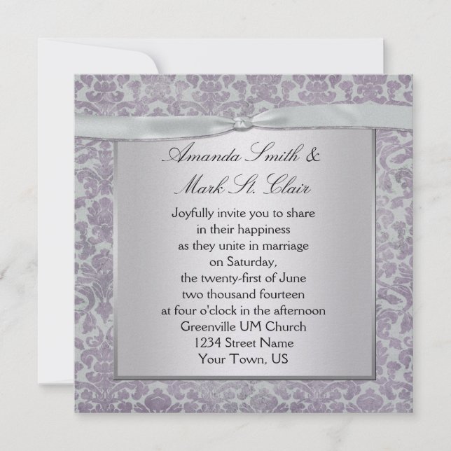 Lavender and Silver Grunge Damask Wedding Invitati Invitation (Front)