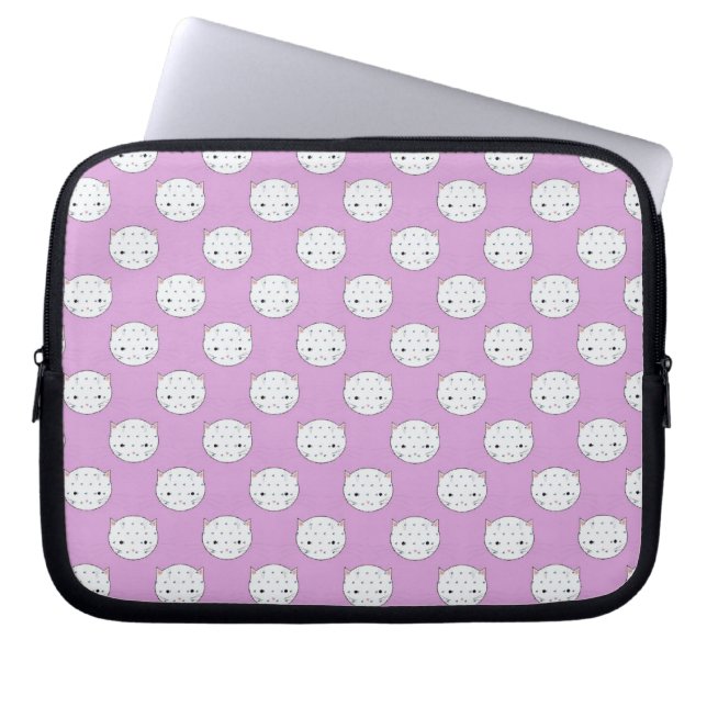 Lavender and White Kitty Faces Pattern Polka Dots Laptop Sleeve (Front)