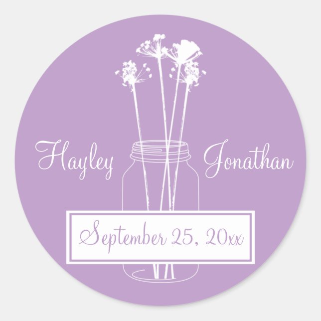 Lavender and White Mason Jar Save The Date Classic Round Sticker (Front)