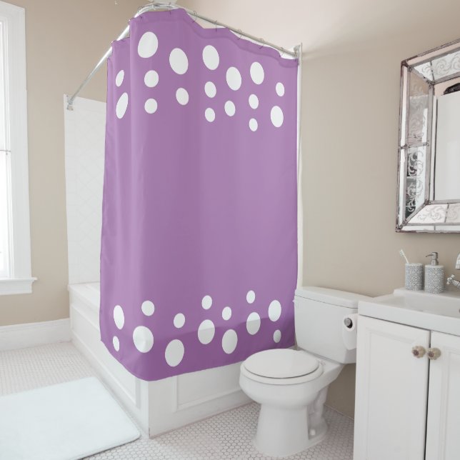Lavender and white Modern Bubbles Dots Shower Curtain (In Situ)