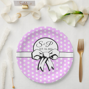 Lavender and White Polka Dot White Bow Personalise Paper Plate