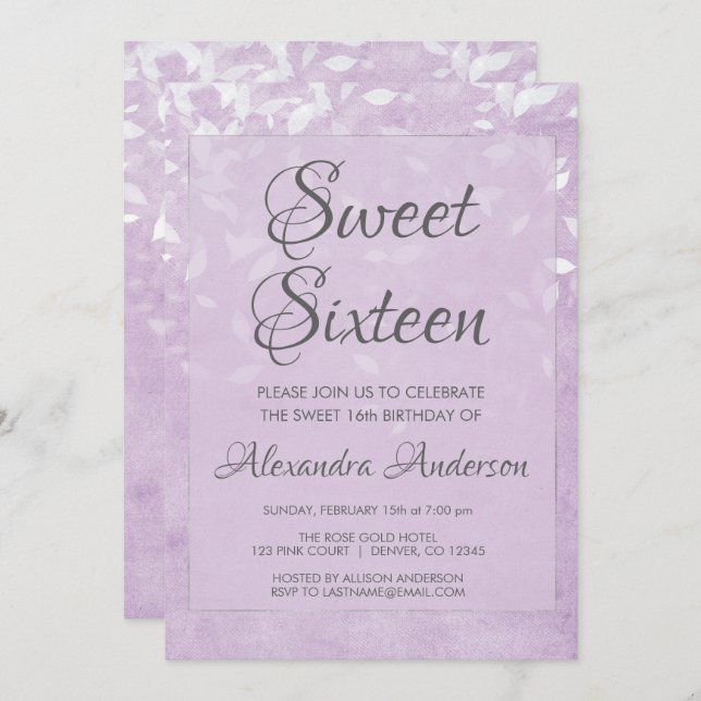 Lavender and White Sweet 16 Birthday Party Invitation (Front/Back)
