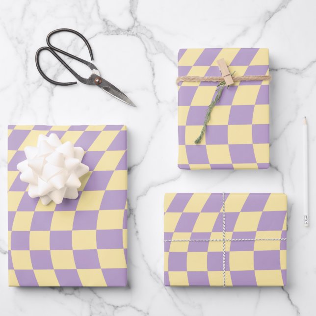 Lavender And Yellow Chequerboard Check Pattern Wrapping Paper Sheet (Front)