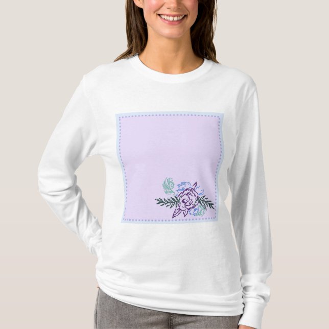 Lavender Aqua Peacock and Roses Ladies T-Shirt (Front)