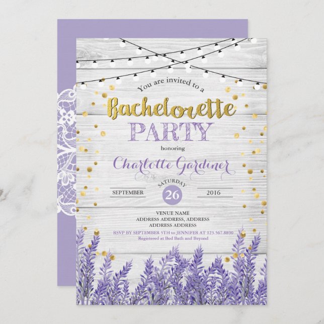 Lavender bachelorette party invitation rustic wood (Front/Back)