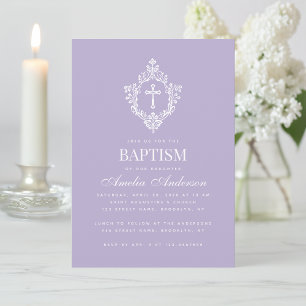 Lavender Baptism Cross Floral Crest Elegant Purple Invitation