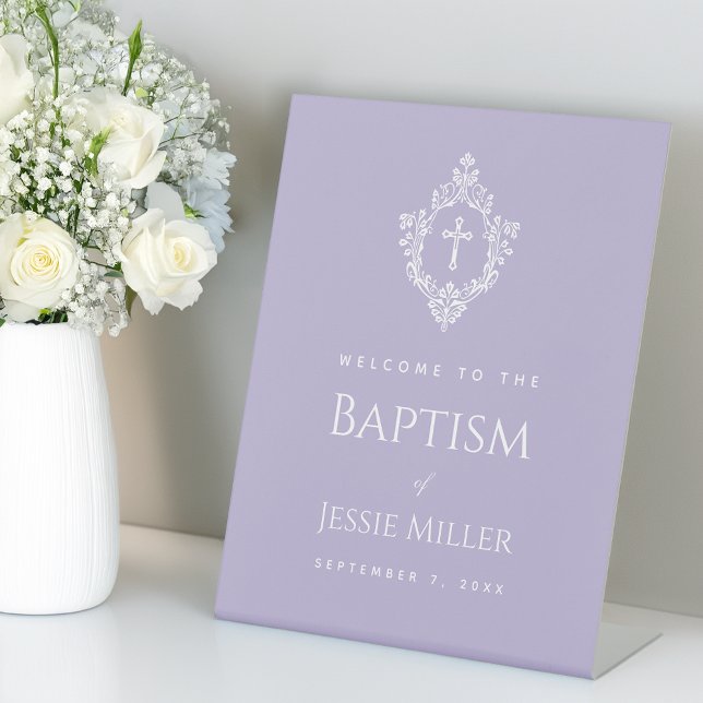 Lavender Baptism Welcome Cross in Crest Elegant  Pedestal Sign (Creator Uploaded)