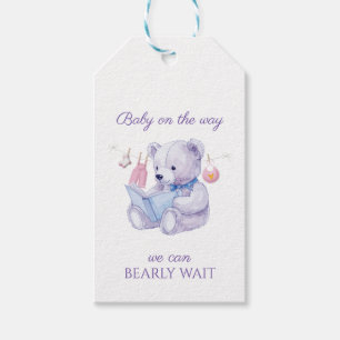 Lavender Bear reading a book Baby Shower Gift Tags