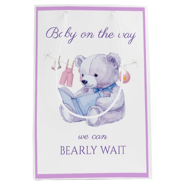 Lavender Bear reading a book Baby Shower Medium Gift Bag (Front)