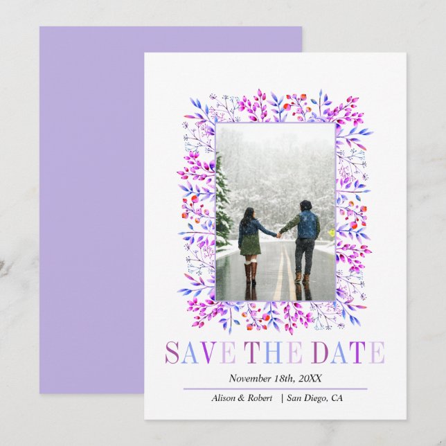 Lavender berries, leaves border winter wedding save the date (Front/Back)