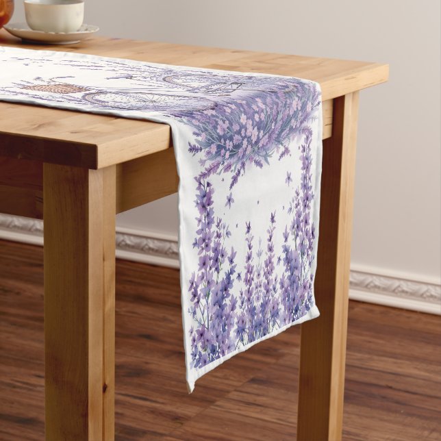 Lavender Bicycle with Basket – Charming Floral Short Table Runner (In Situ)
