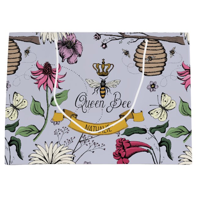 Lavender, Black and Gold Queen Bee, Royal Crown Large Gift Bag (Front)