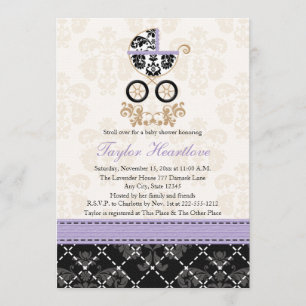 LAVENDER BLACK DAMASK BABY CARRIAGE BABY SHOWER INVITATION