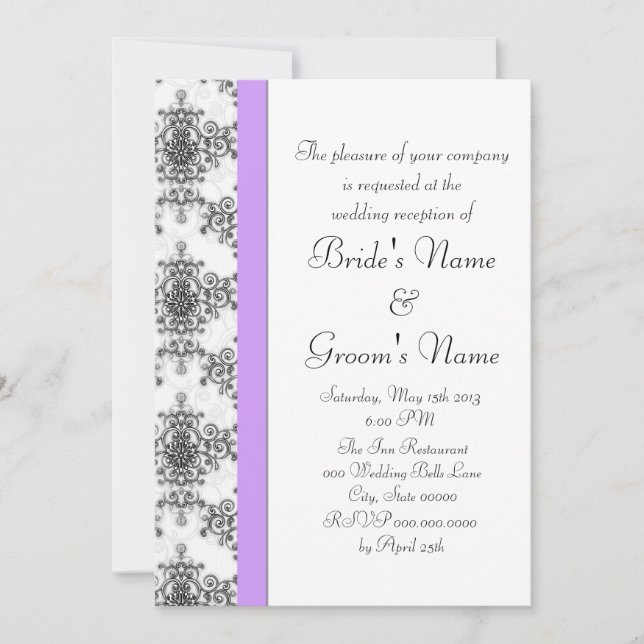 Lavender Black White Damask Wedding Reception Invitation (Front)