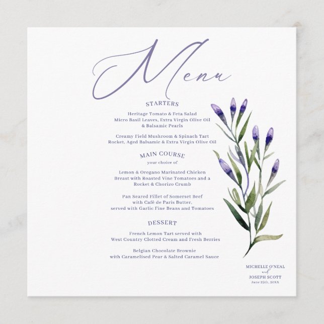 Lavender Bliss Elegant Watercolor Wedding Menu (Front)