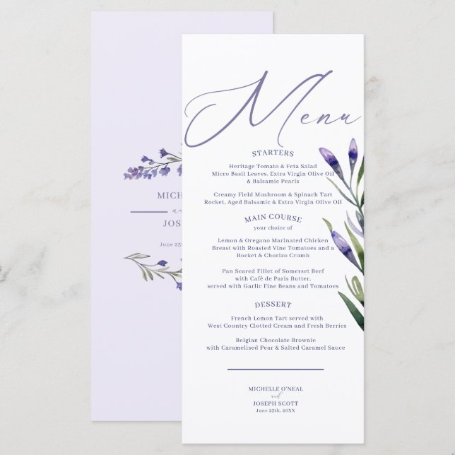 Lavender Bliss Elegant Watercolor Wedding Menu (Front/Back)