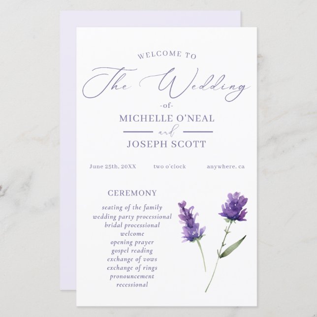 Lavender Bliss Elegant Watercolor Wedding Program (Front/Back)