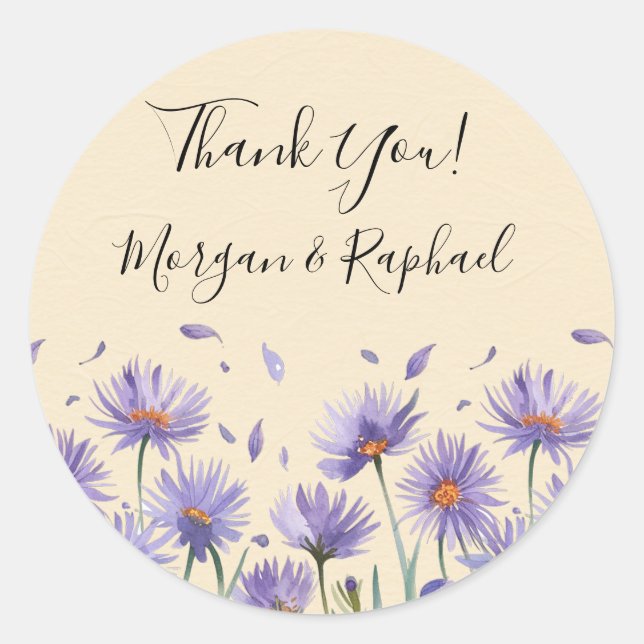 Lavender Bloom Watercolor Wildflower Wedding Thank Classic Round Sticker (Front)