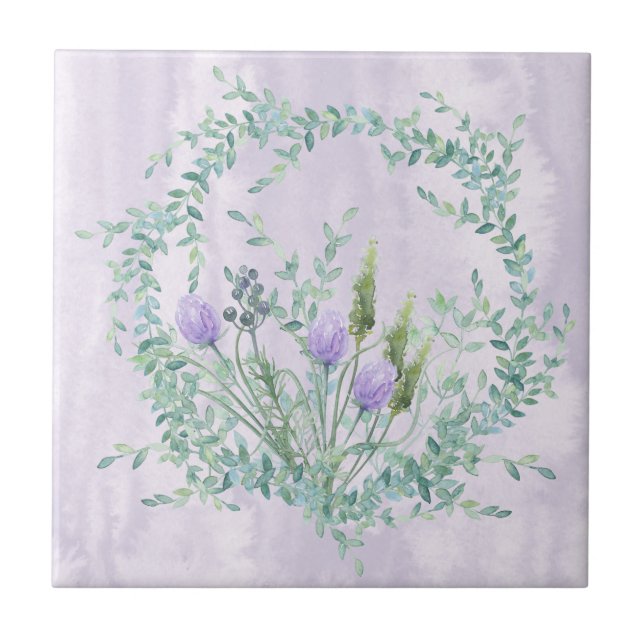 Lavender Blooming Chives Herbal Ceramic Tile (Front)