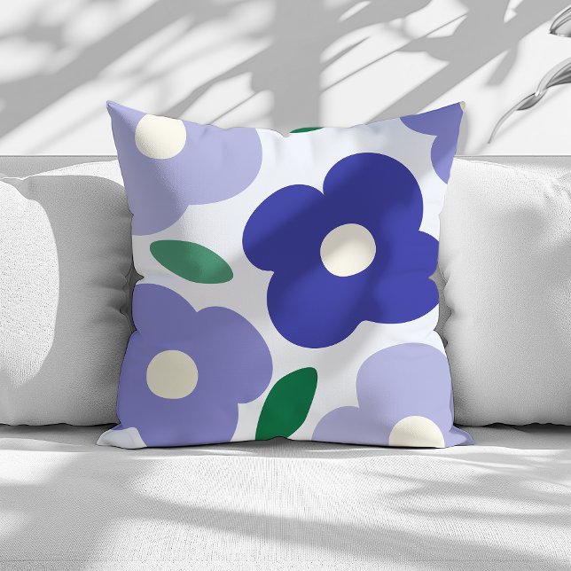 Lavender Blue Abstract Retro Flower Pattern Cushion (hand drawn abstract flower throw pillow)